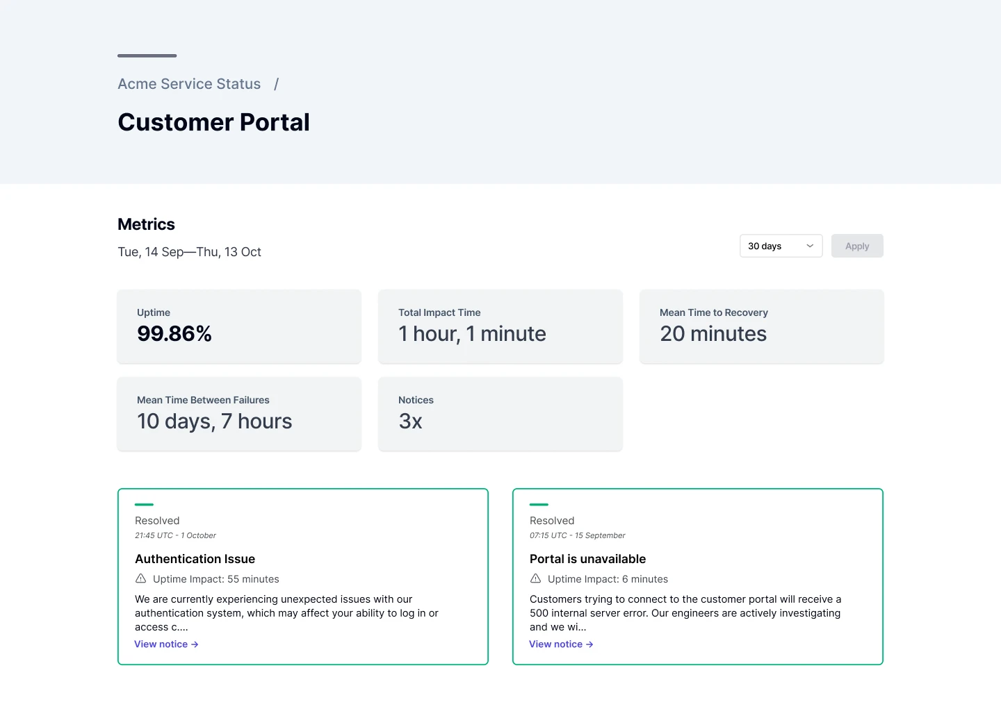 Customer portal component with metrics view