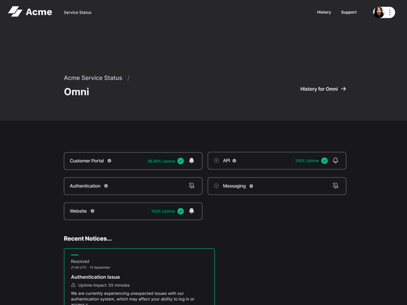 Sorry™ individual status page for Omni showing components Customer Portal at 99.99% uptime, API at 100% uptime, Authentication unavailable, Messaging unavailable, and Website at 100% uptime, with recent authentication issue notice.