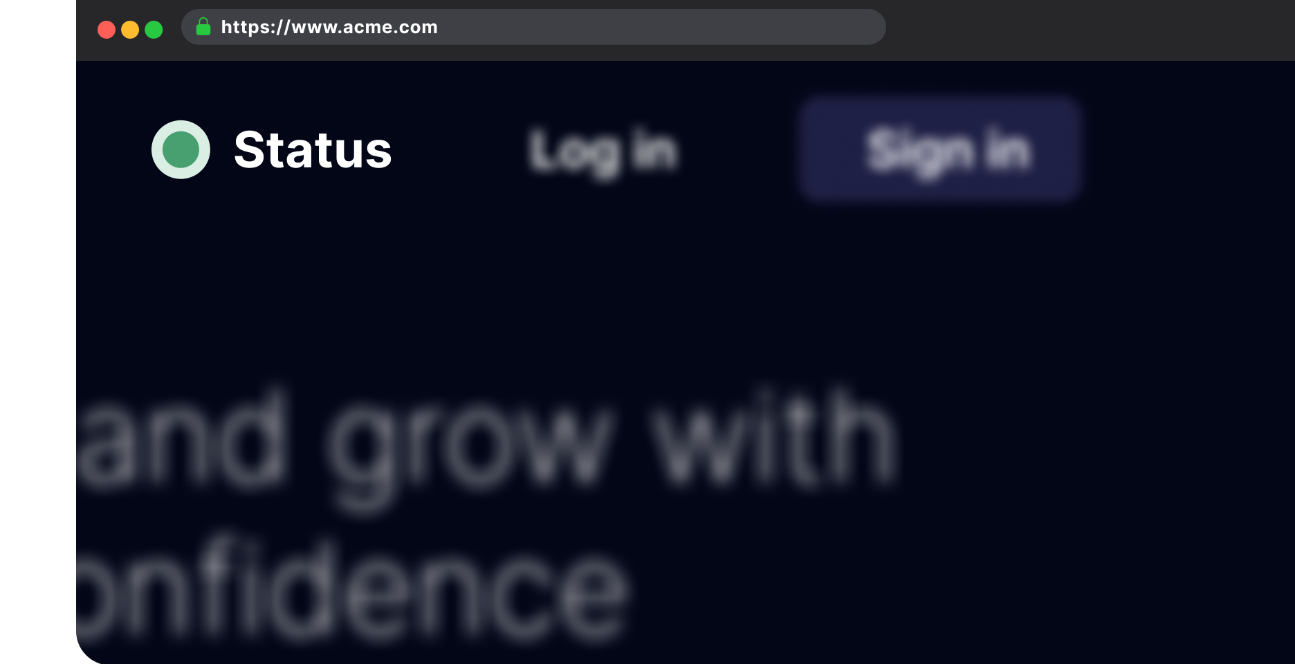 Browser mockup showing Sorry™ status badge embedded in website header at acme.com with green operational status indicator