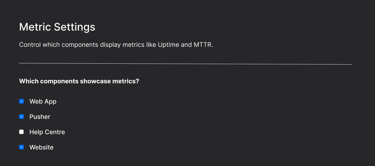 Sorry™ interface showing how to enable uptime metrics at component level