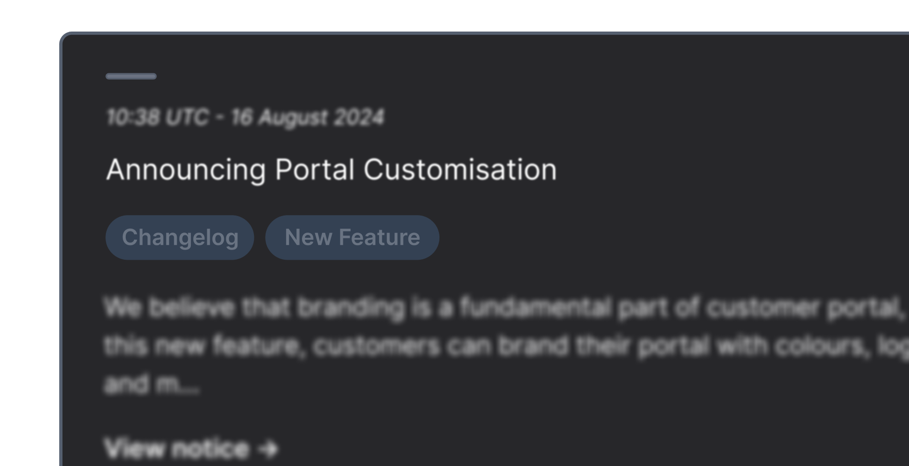 Sorry™ changelog card announcing Portal Customisation feature, tagged as New Feature, dated August 16, 2024.