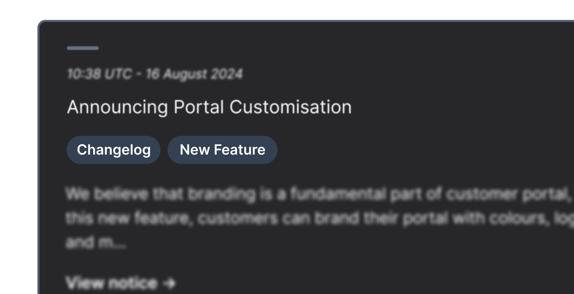 Sorry™ changelog notice card announcing Portal Customisation feature dated August 16, 2024, tagged as Changelog and New Feature.