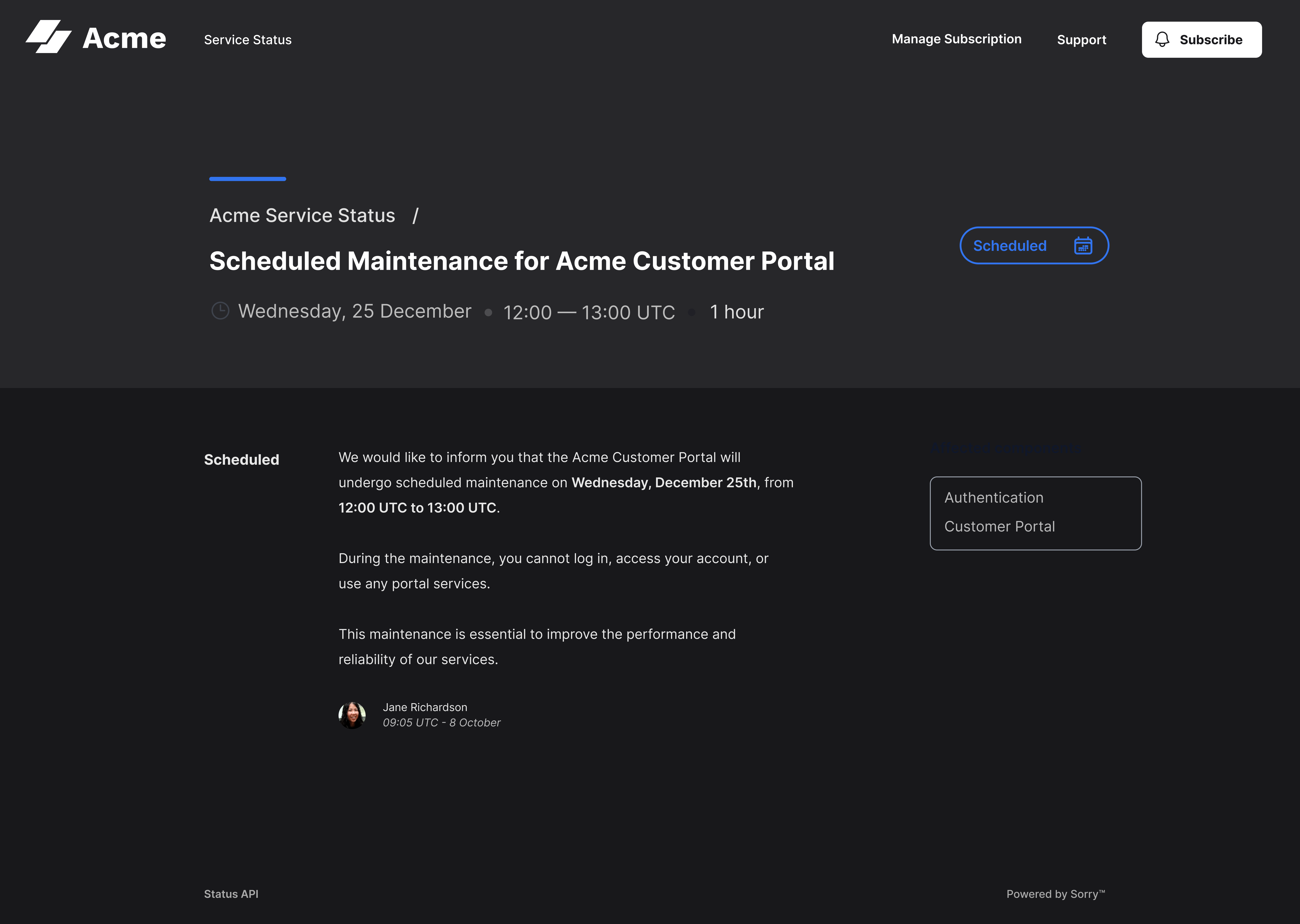 Sorry™ maintenance notice history page for September 2024 showing scheduled maintenance entries for Acme Customer Portal and API v1.