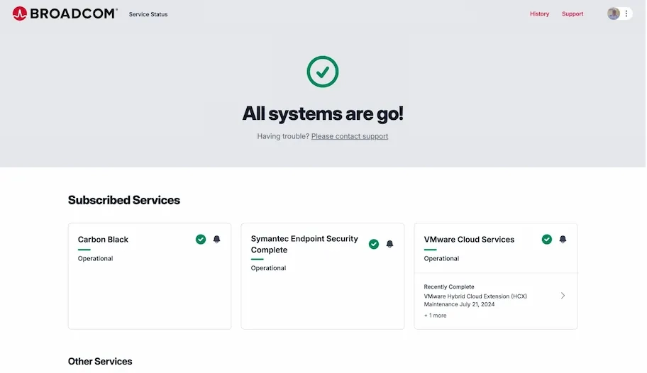 Broadcom status page that is customised