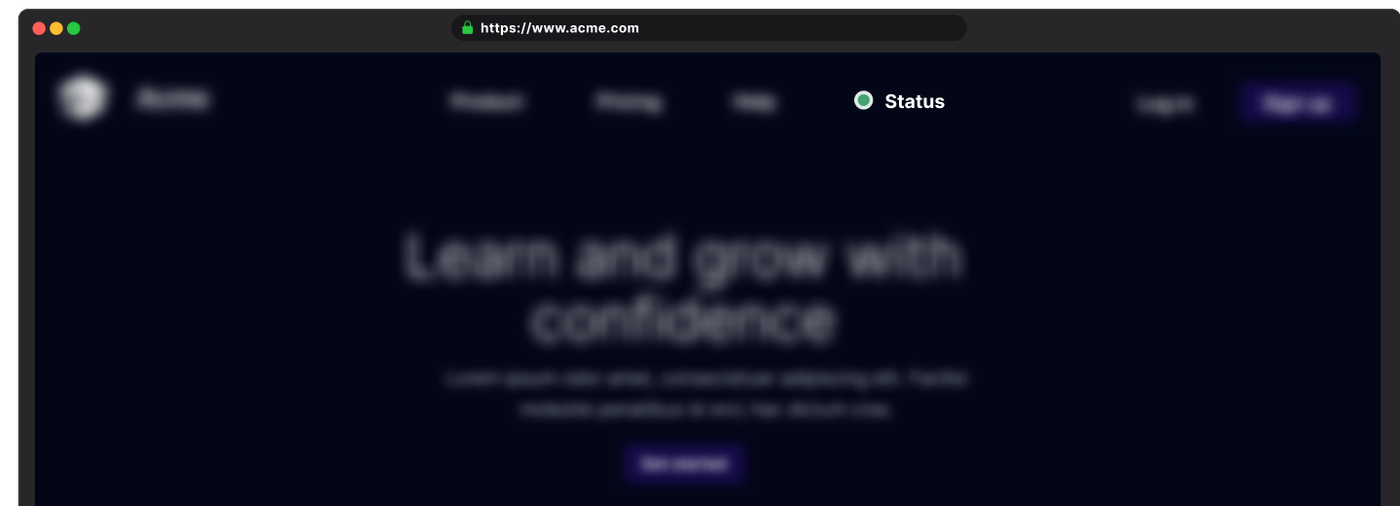 Sorry™ status badge embedded in website header showing operational status in browser mockup.