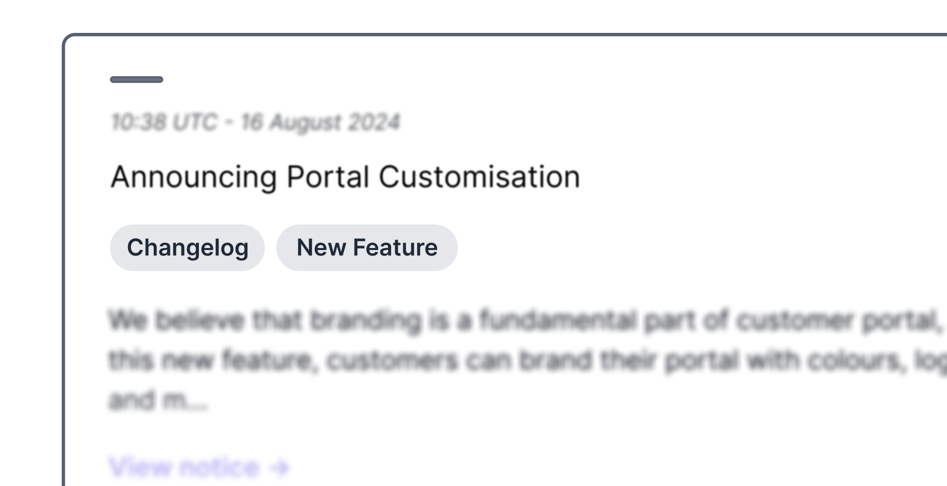 Sorry™ changelog notice card announcing Portal Customisation feature dated August 16, 2024, tagged as Changelog and New Feature.