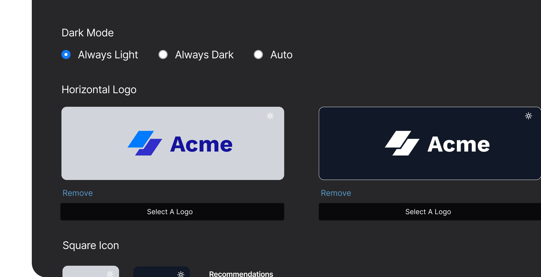 Sorry™ brand customisation settings showing dark mode preferences and logo upload options for light and dark theme variations.
