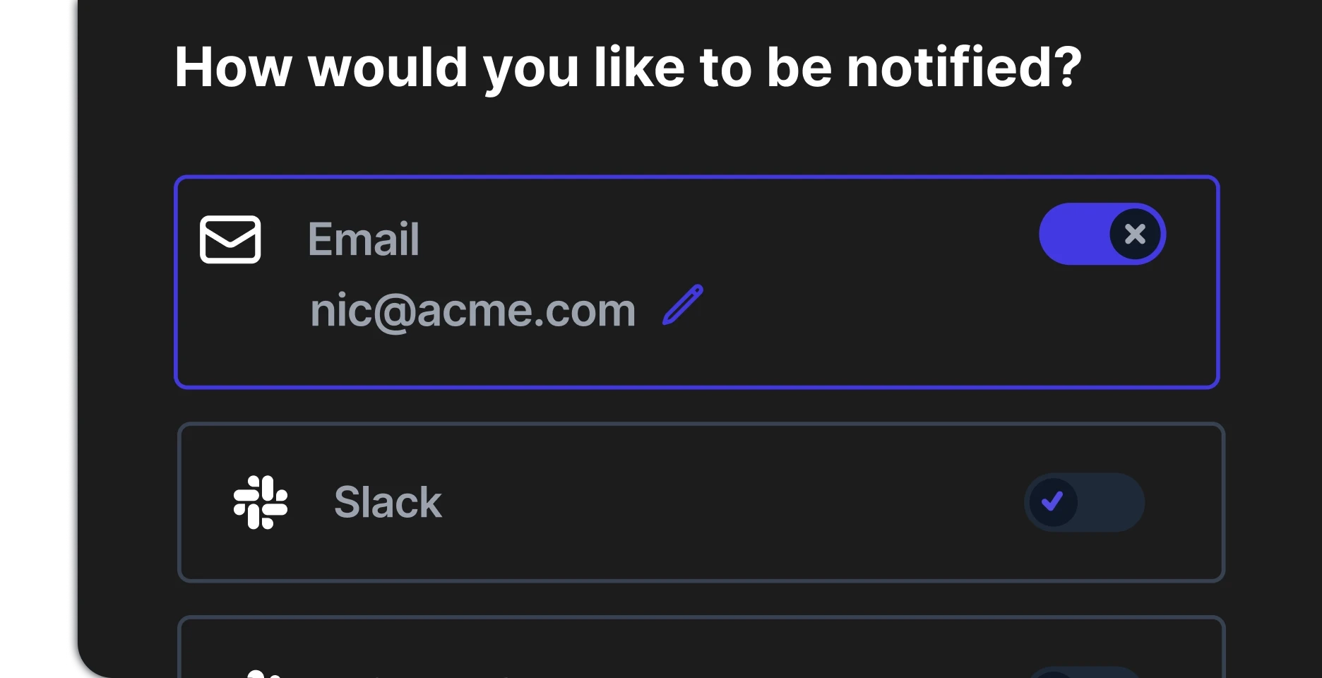 Sorry™ subscriber notification preferences panel showing email and Slack notification options with example email address.