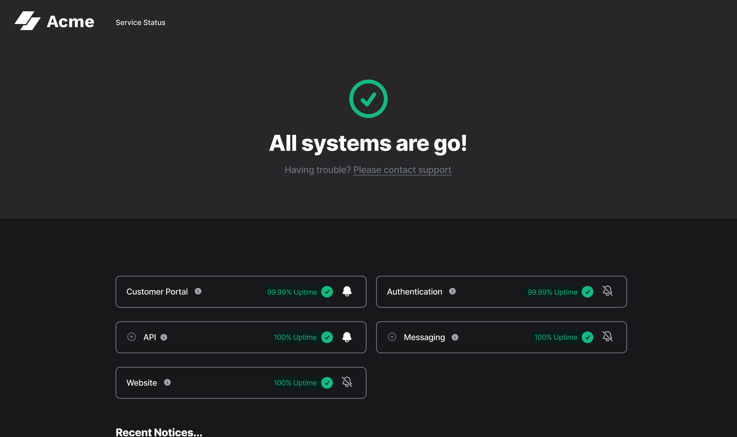 Sorry™ public status page for Acme showing all systems are go with service components of Customer Portal and Authenticaton showing 99.99% uptime, and API, Messaging and Website showing 100% uptime.
