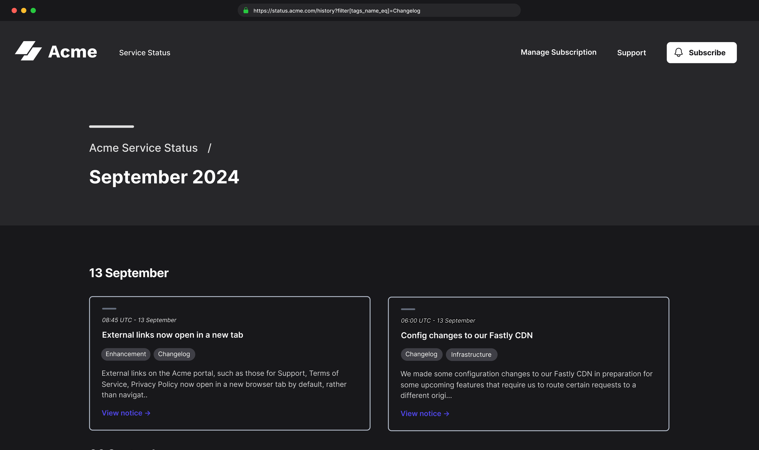 Sorry™ notice history page for Acme Service Status showing September 2024 changelog entries including external link improvements, Fastly CDN configuration changes, password policy fixes, and DNS routing updates.