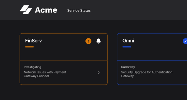 Sorry™ collection overview showing FinServ with investigating status for network issues and Omni with underway maintenance.