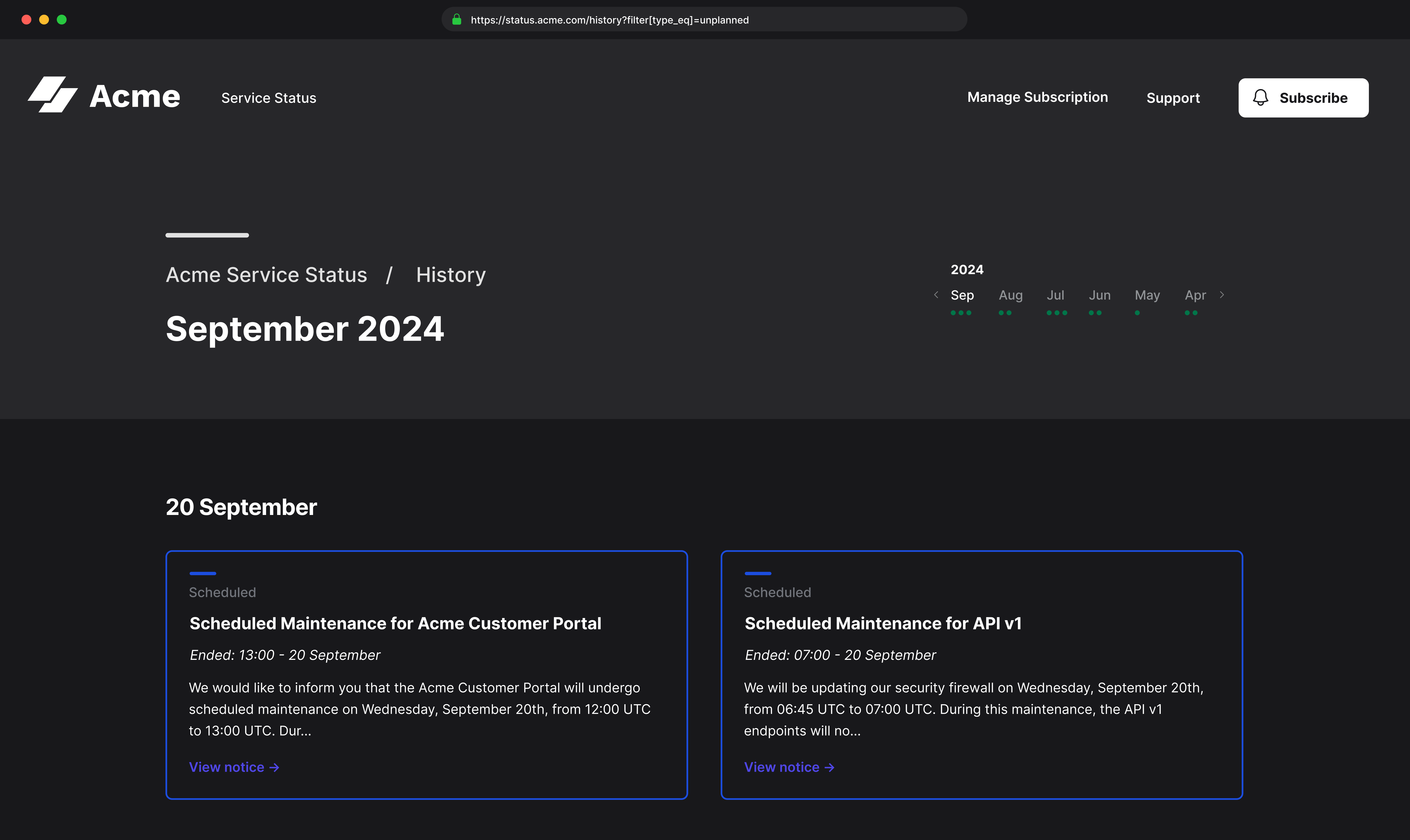 Sorry™ maintenance history browser view showing September 2024 filtered by unplanned maintenance with dot indicators for activity by month.