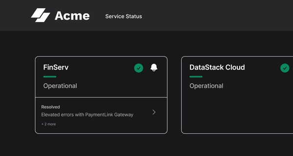 Sorry™ component cards showing FinServ operational with resolved incidents and DataStack Cloud operational.
