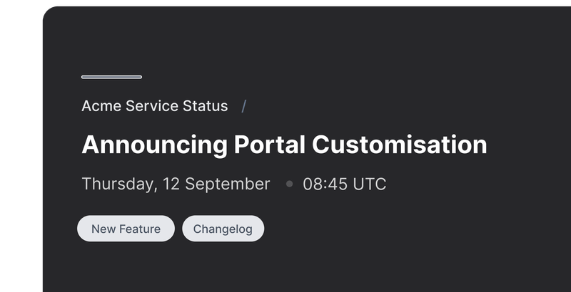 Sorry™ changelog card announcing Portal Customisation feature, tagged as New Feature and Changelog, posted Thursday 12 September at 08:45 UTC.