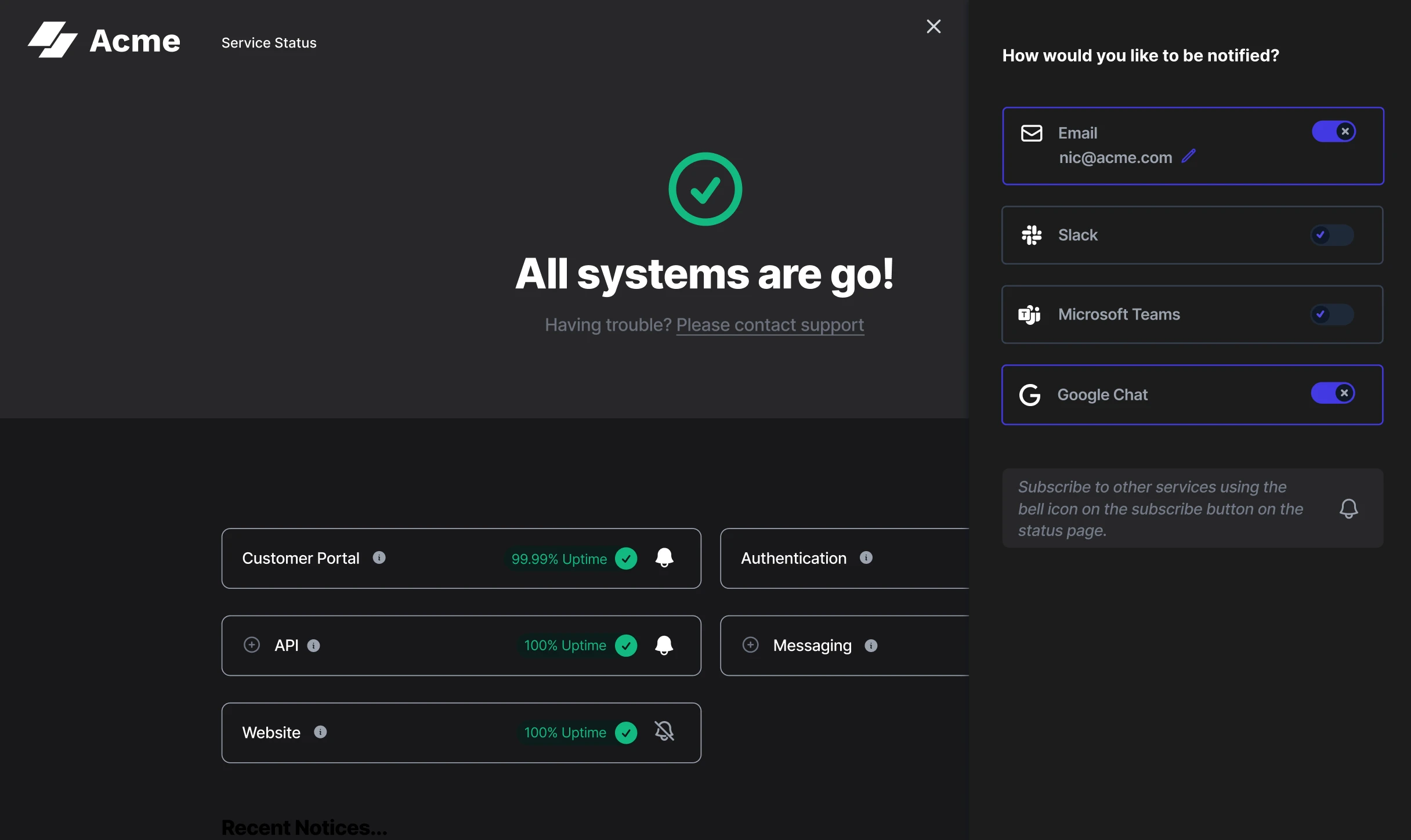 Sorry™ subscriber notification preferences panel showing email, Slack, Microsoft Teams and Google chat notification options with example email address. 
